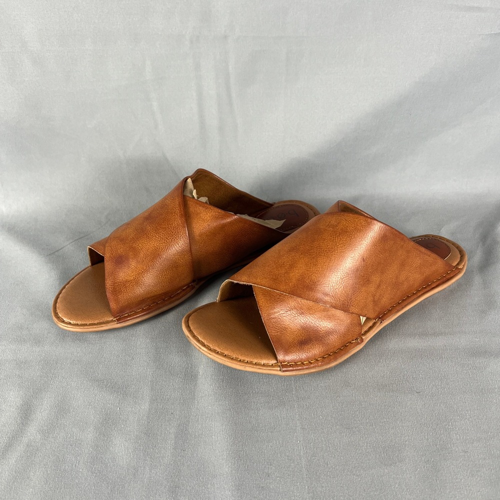 Boc Slide Sandals Women's US 10M Brown Upper Leather Crisscross Strap Slip On